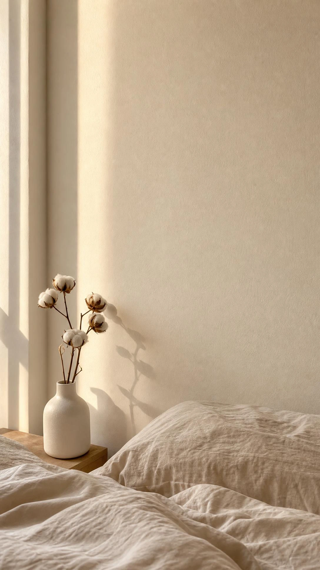 Warm white bedroom wall with creamy undertone and soft matte texture, showing how warm white paint creates an inviting, cozy feel without the harshness of bright white