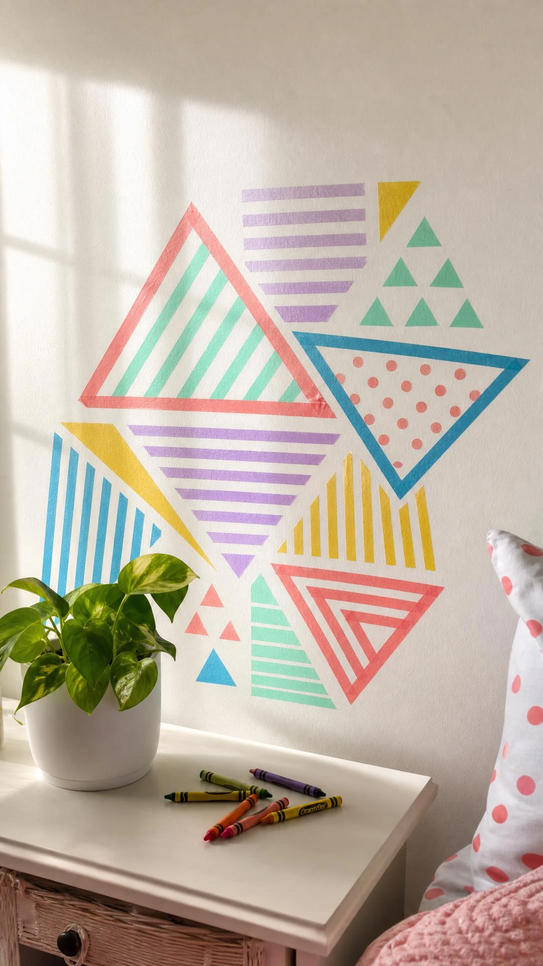 Colorful washi tape geometric shapes in coral, blue, mint, yellow, and lavender applied directly to a white kids' bedroom wall as budget-friendly artwork