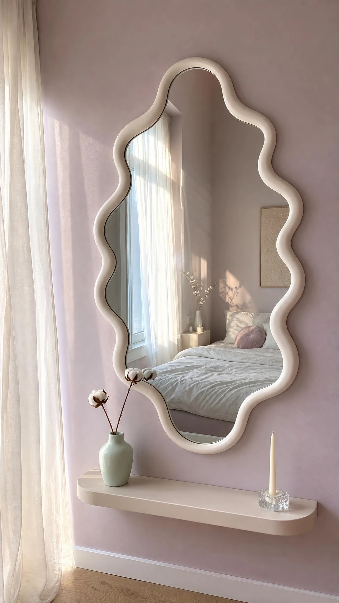 Large wavy-edged mirror with matte white sculptural frame mounted on a lilac-blush wall, reflecting soft morning light in a dreamy pastel room aesthetic