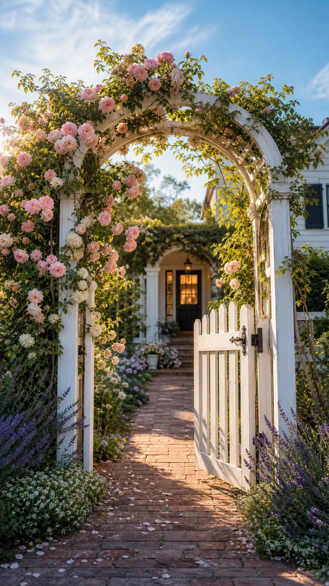 White wooden garden arbor with cascading pink and cream climbing roses framing a front door walkway, set against a soft blue afternoon sky