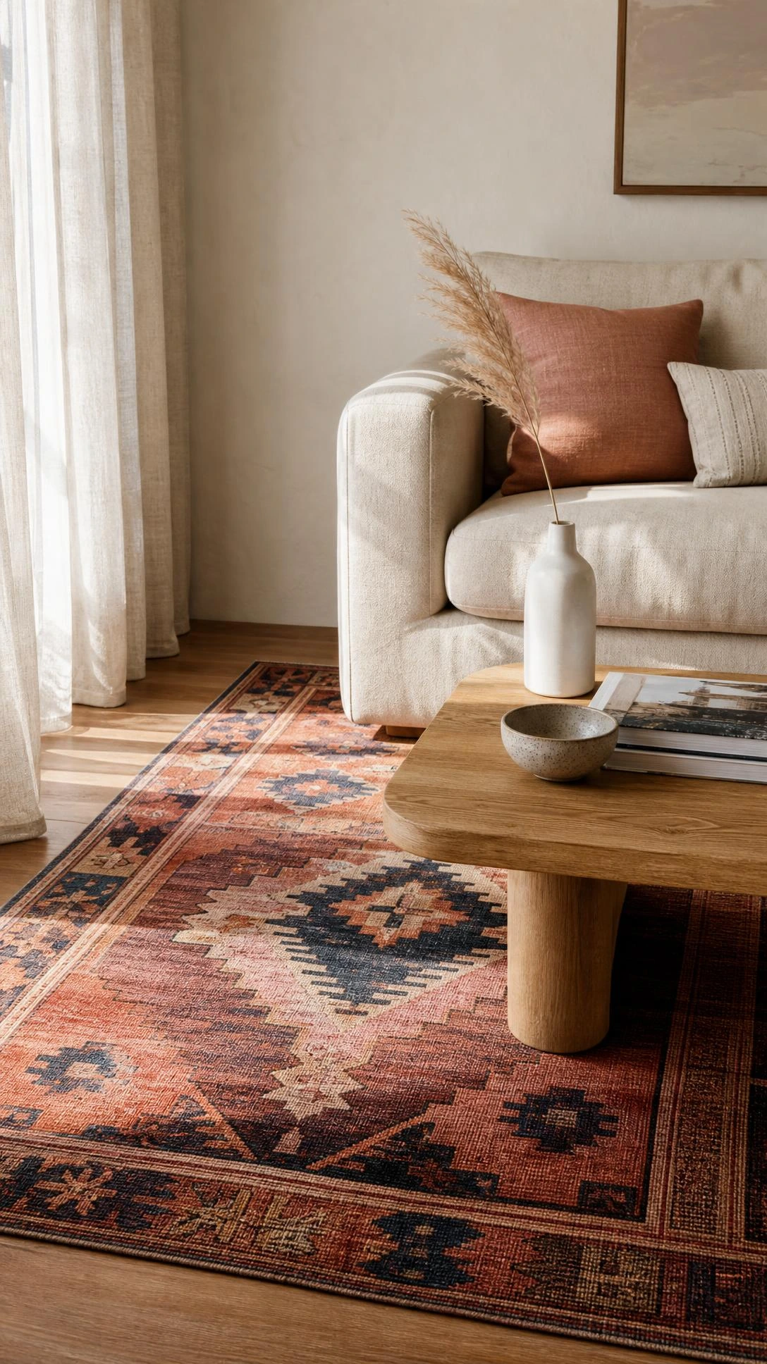 Richly patterned wool flatweave area rug in terracotta, dusty rose, and navy geometric motifs anchoring a chic living room corner on hardwood floors