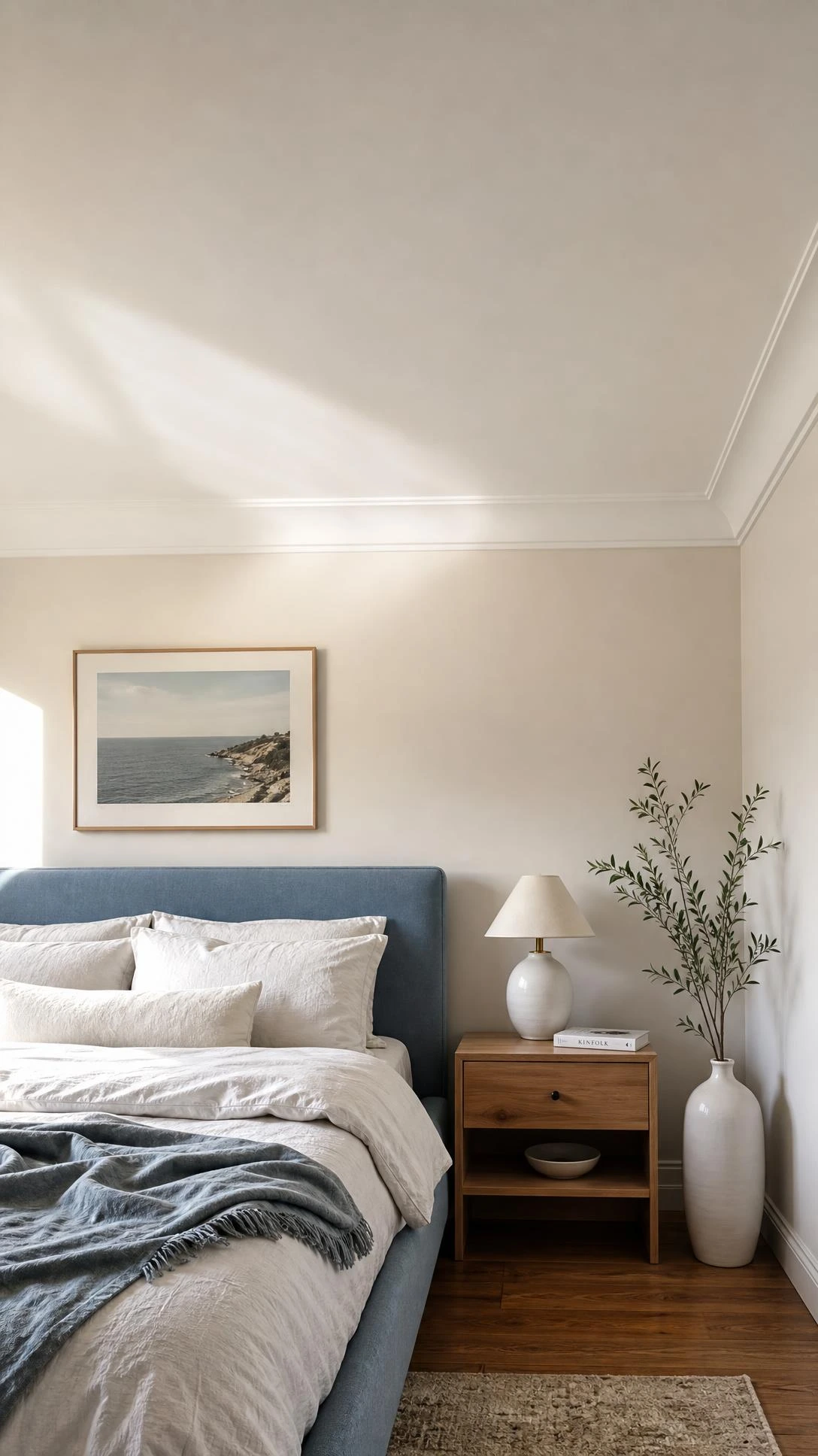 Bedroom with a smooth white gypsum ceiling panel catching soft natural daylight, showing the matte plaster finish and thin decorative border that defines modern gypsum ceiling design