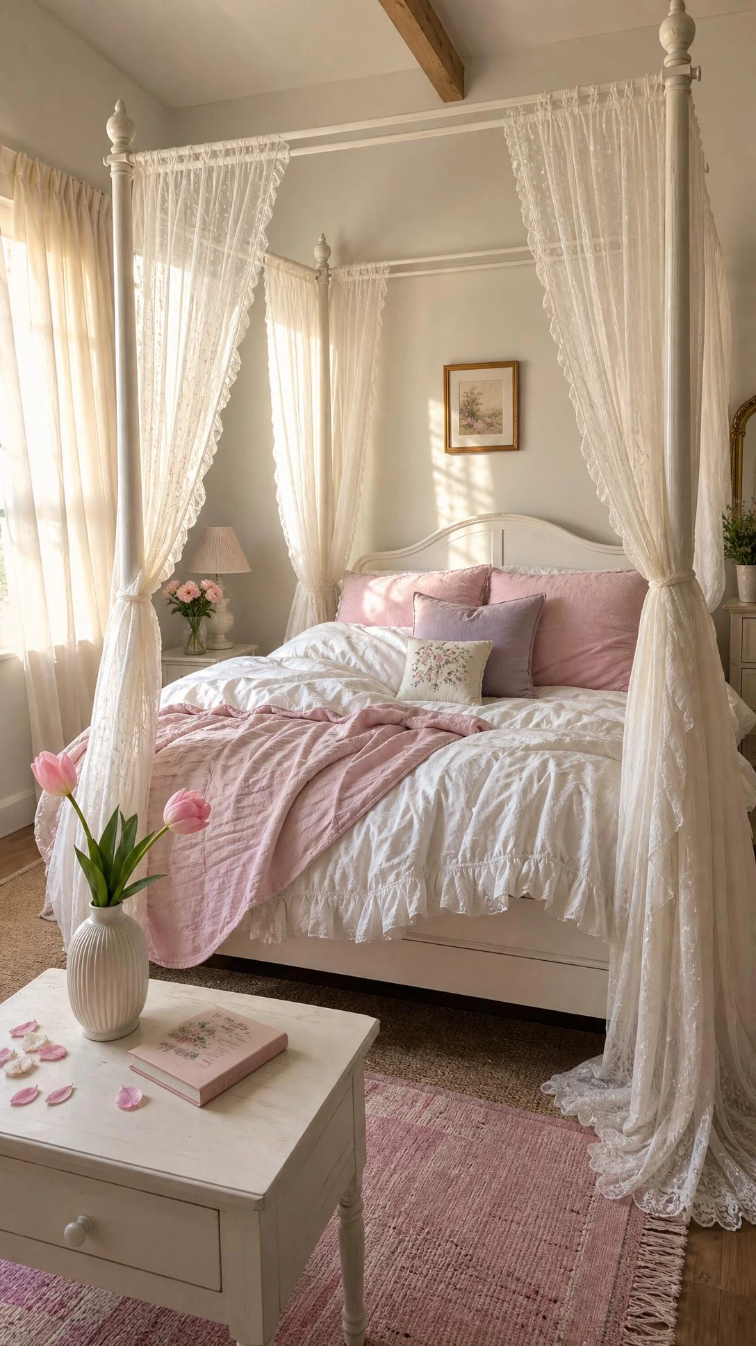 White wood canopy bed with four tall posts and sheer white curtains in a dreamy girl's bedroom, floor-to-ceiling view