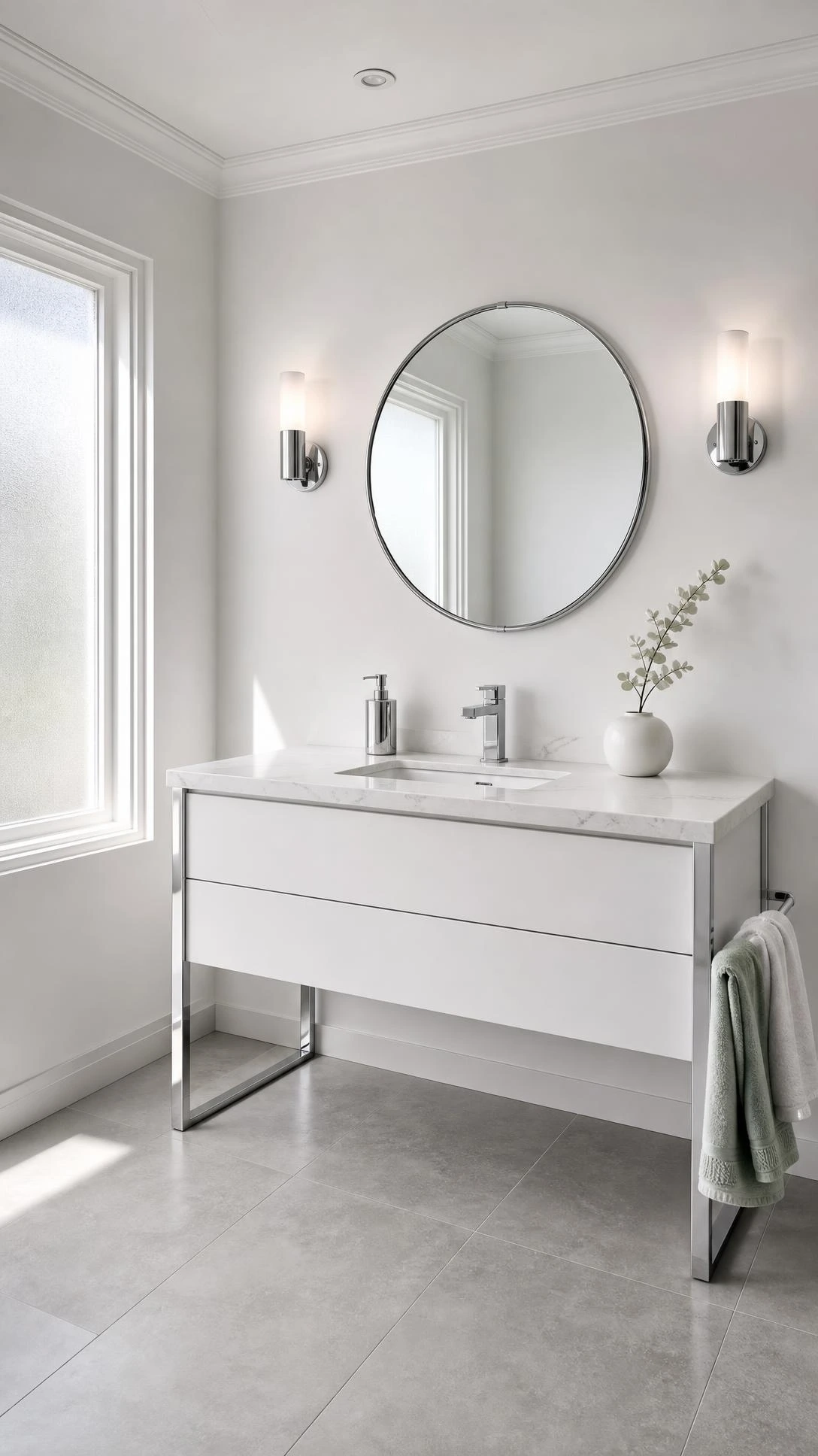 Modern white floating vanity with polished chrome legs centered against a floor-to-ceiling white bathroom wall, showcasing clean matte lacquer finish and sleek minimalist design