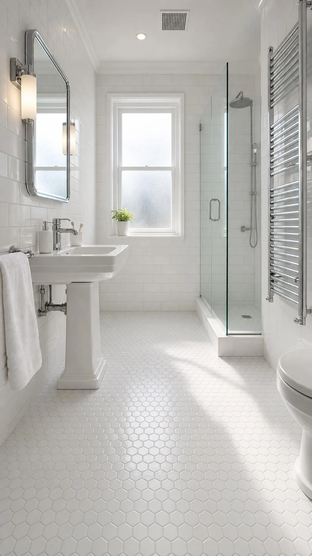 Modern bathroom with pristine white hexagonal floor tile creating a geometric pattern across the full floor, paired with chrome fixtures and white walls