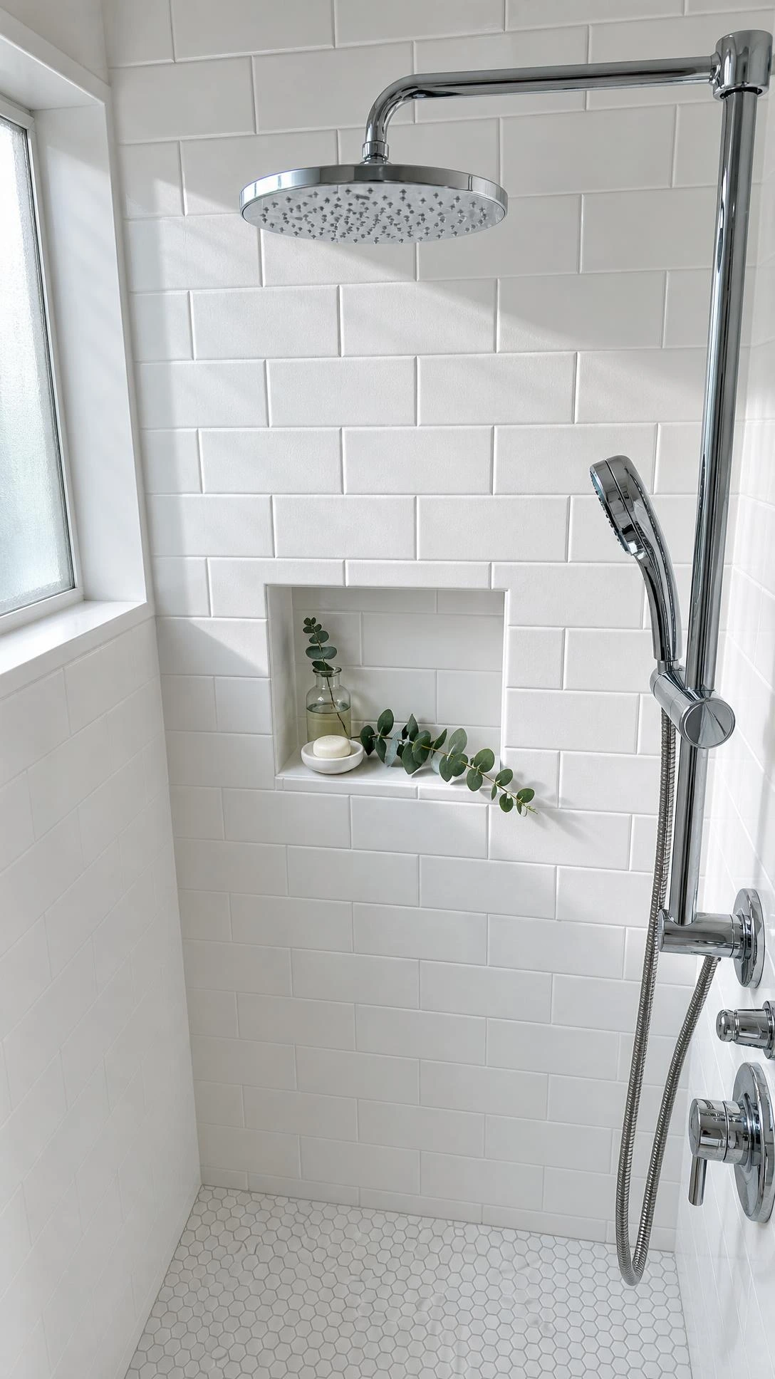 Bright modern bathroom featuring glossy white subway tiles in classic brick pattern with clean white grout, a timeless chrome shower decor choice