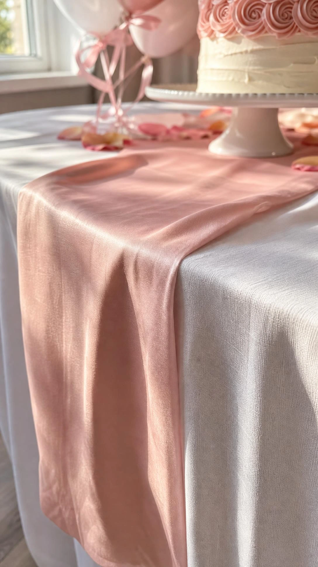 Soft blush-pink satin table runner layered over a crisp white tablecloth, catching warm natural light for an elegant birthday party table setup