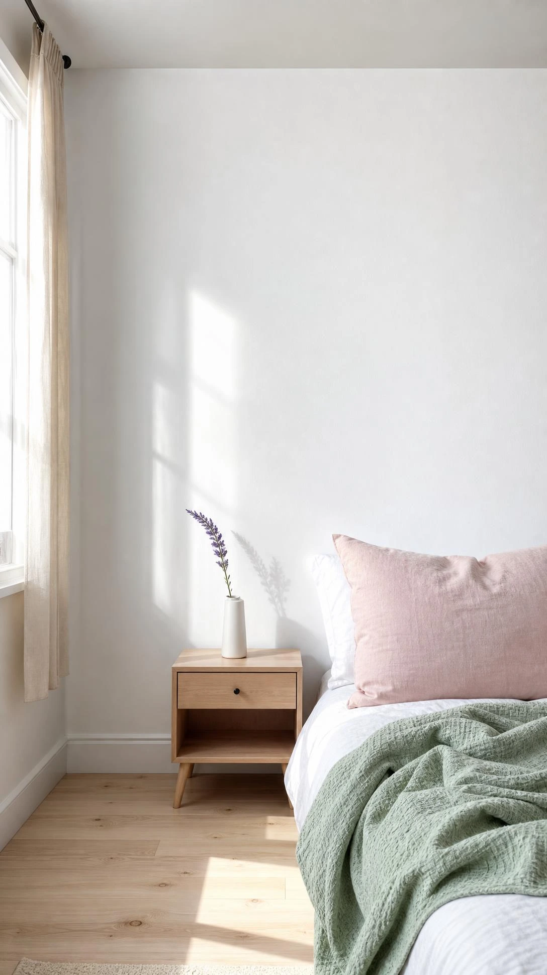 Crisp matte white bedroom wall photographed in natural daylight, showing the full floor-to-ceiling height that anchors a pastel room aesthetic