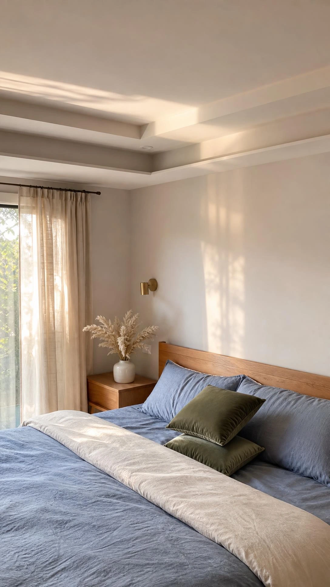 Bedroom with smooth white gypsum tray ceiling featuring recessed edges, showing how the overhead detail transforms the entire room's atmosphere