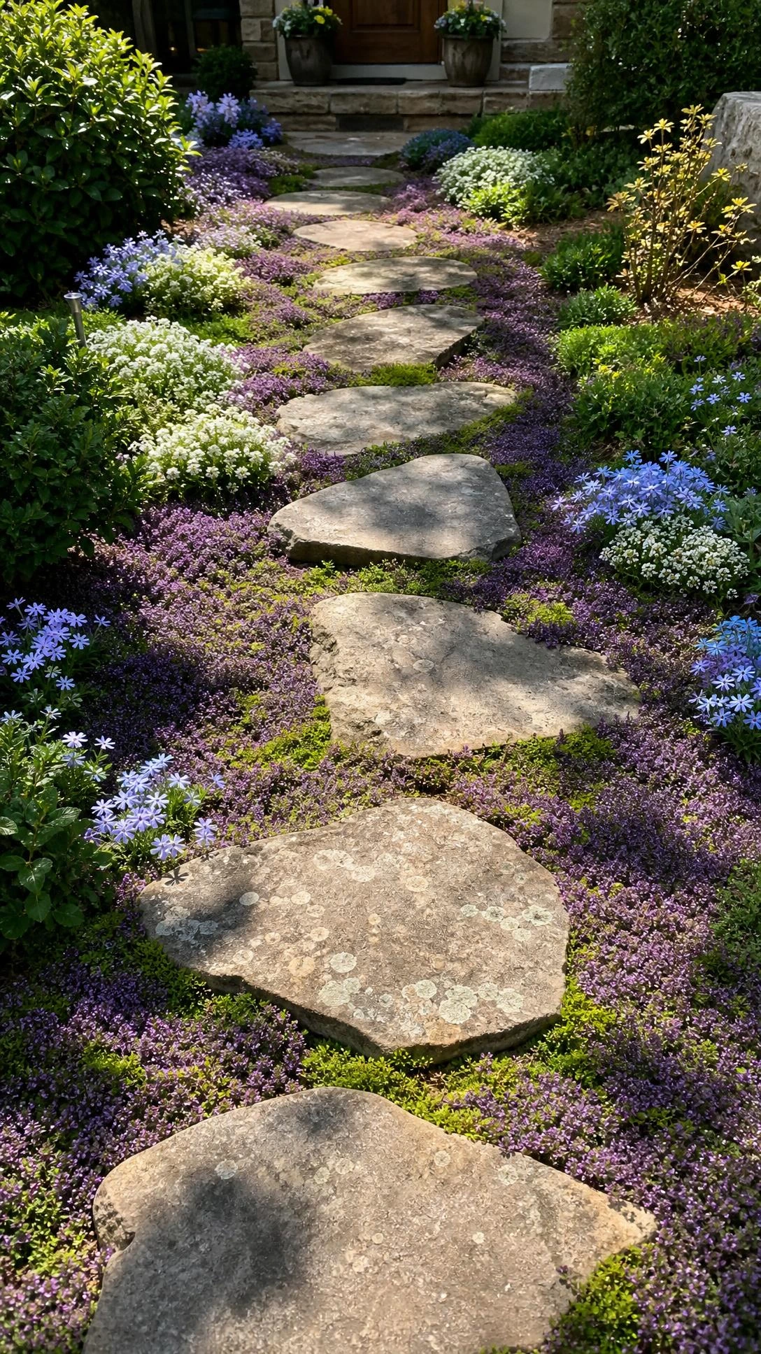 Overhead view of a winding stepping stone path with irregular natural pavers nestled in creeping thyme and emerald Irish moss ground cover, showing how a curved front walkway creates an inviting approach