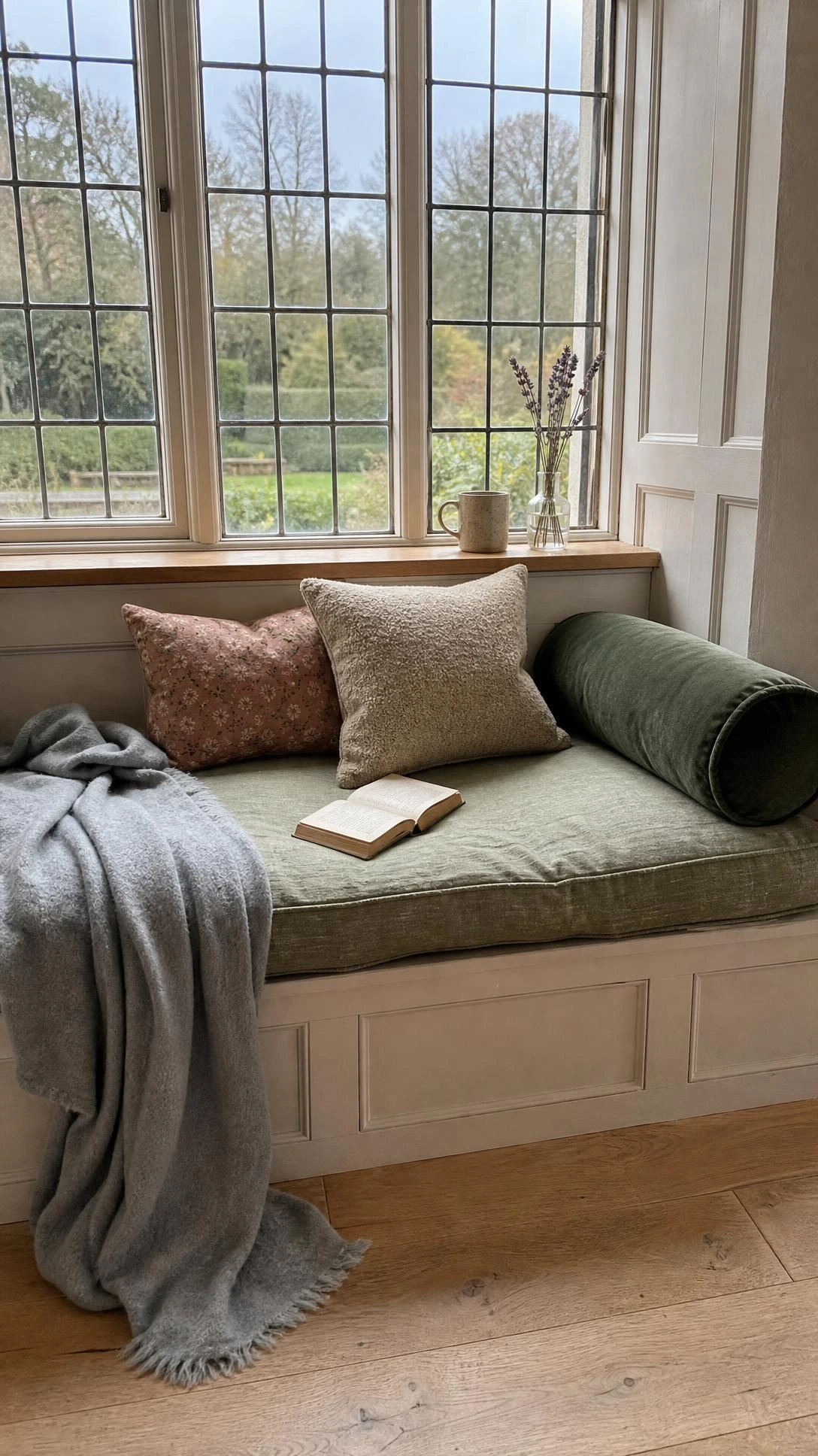 Built-in English countryside window seat with layered cushions and wool throws beneath tall multi-pane casement windows in soft grey afternoon light