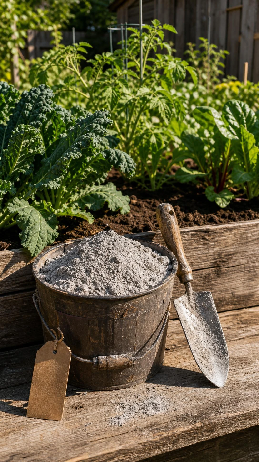 Rustic bucket of fine gray-white wood ash on a weathered potting bench, a free pH-balancing garden amendment ready to improve soil health