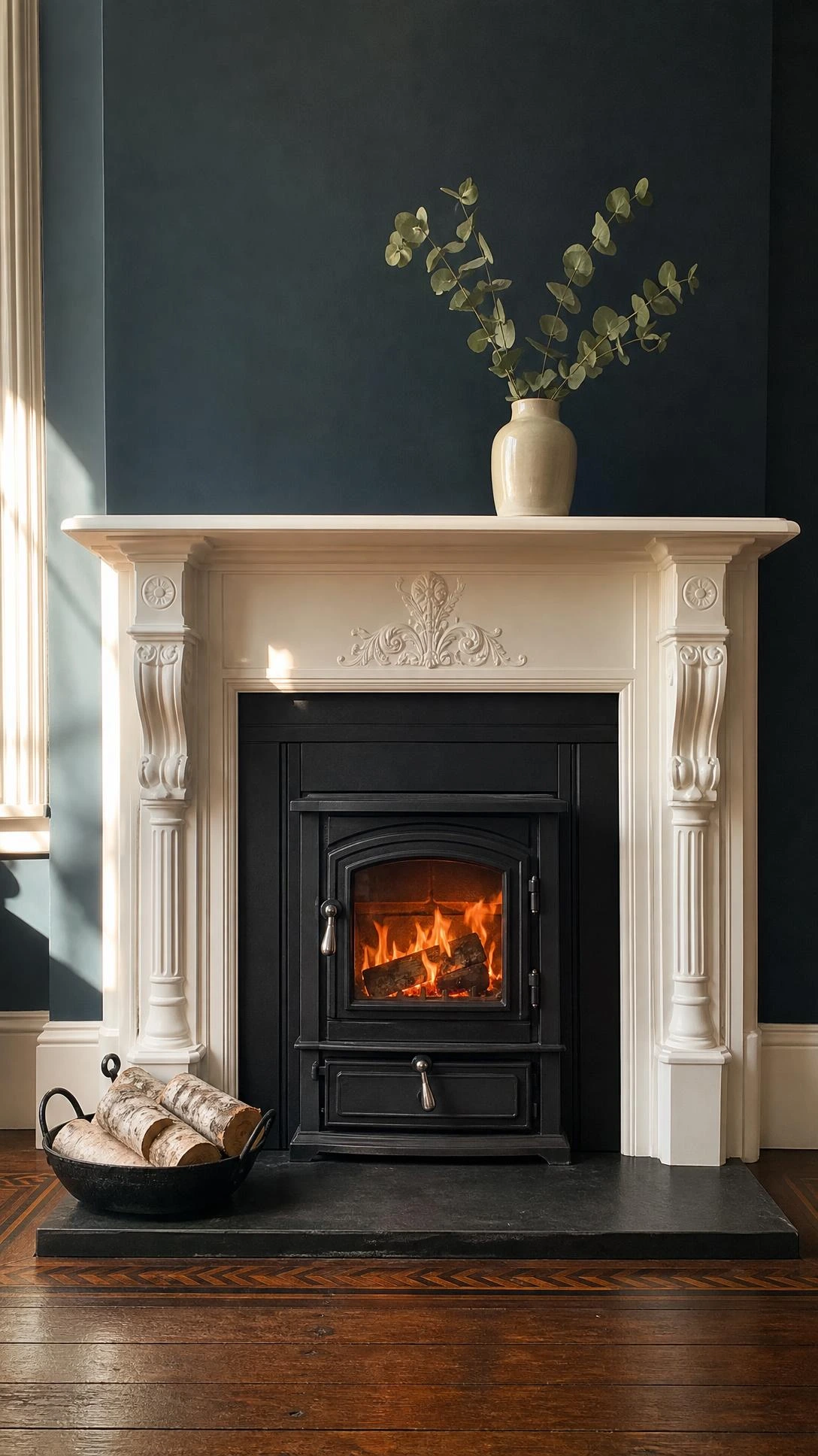 Cast iron wood stove insert with matte black hammered finish and glass door fitted into a Victorian fireplace surround, glowing amber from burning logs inside
