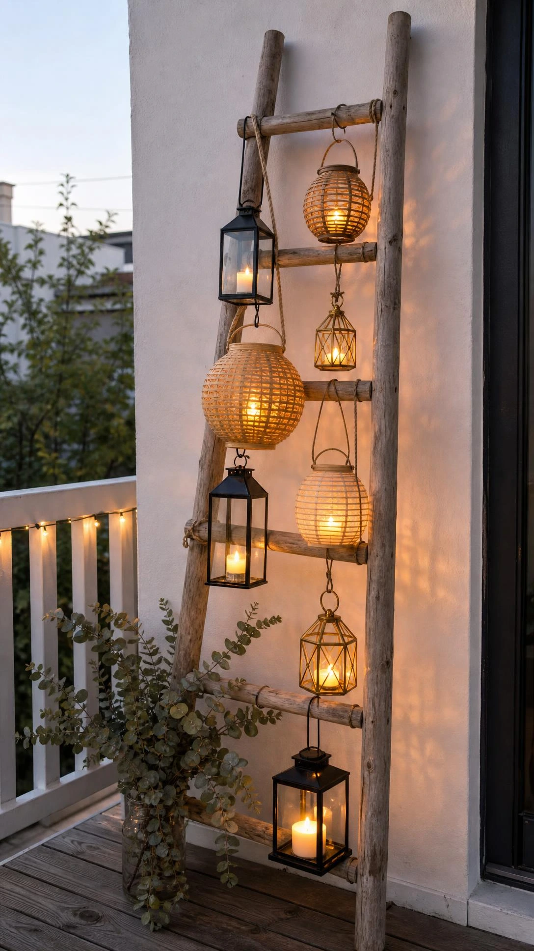 Weathered wooden ladder leaning against white balcony wall with mismatched glass and black metal lanterns glowing softly at dusk, a creative balcony lights display