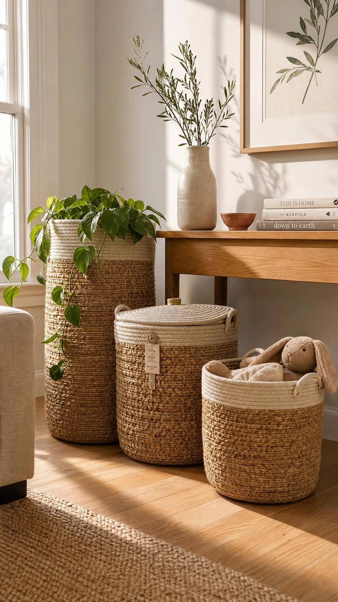 Three oversized woven seagrass and cotton rope baskets in honey and cream tones styled as living room decor for toy storage