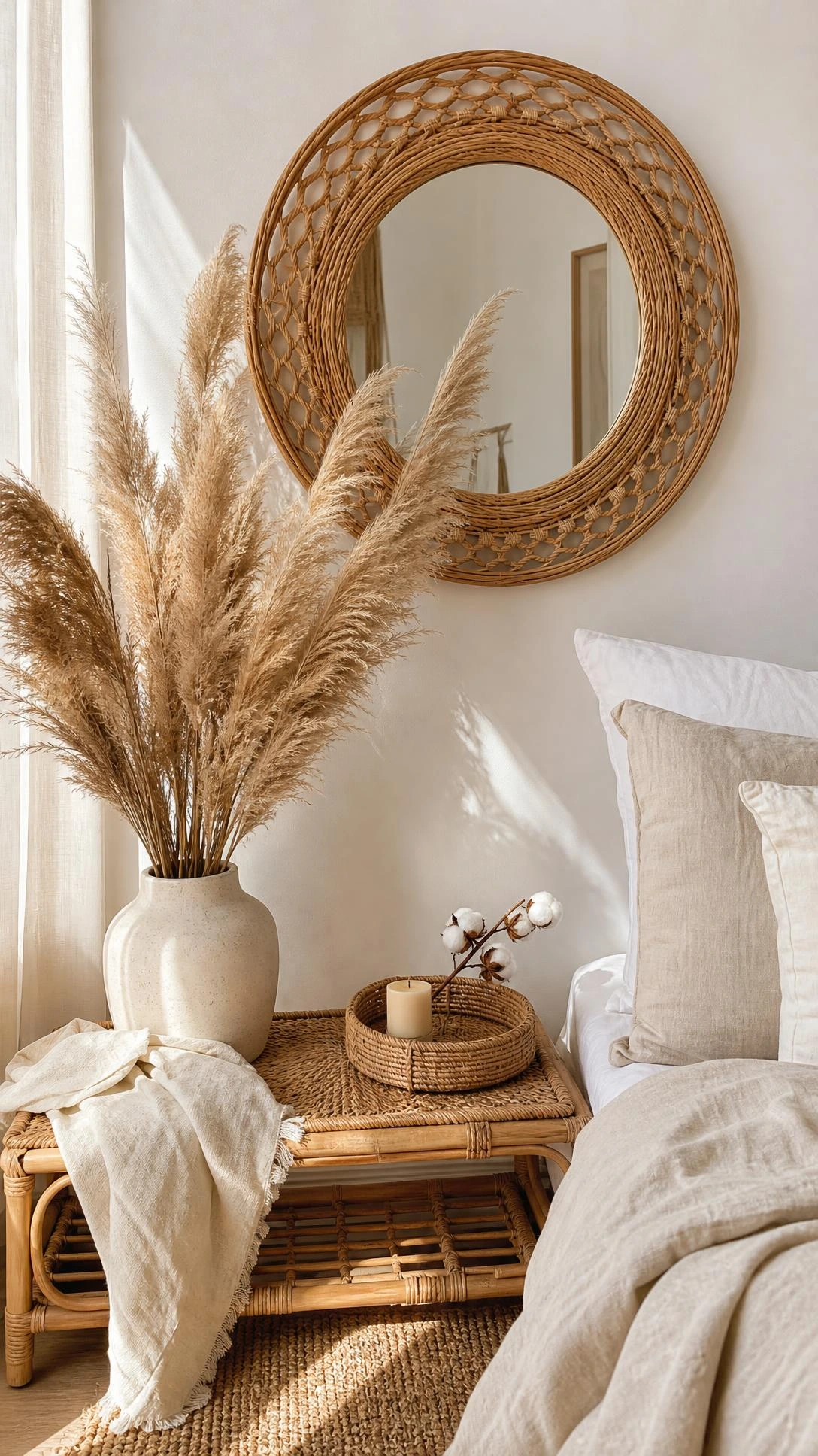 Round rattan wall mirror with honey-toned woven frame above a natural rattan side table holding a cream vase in a white and beige bedroom corner