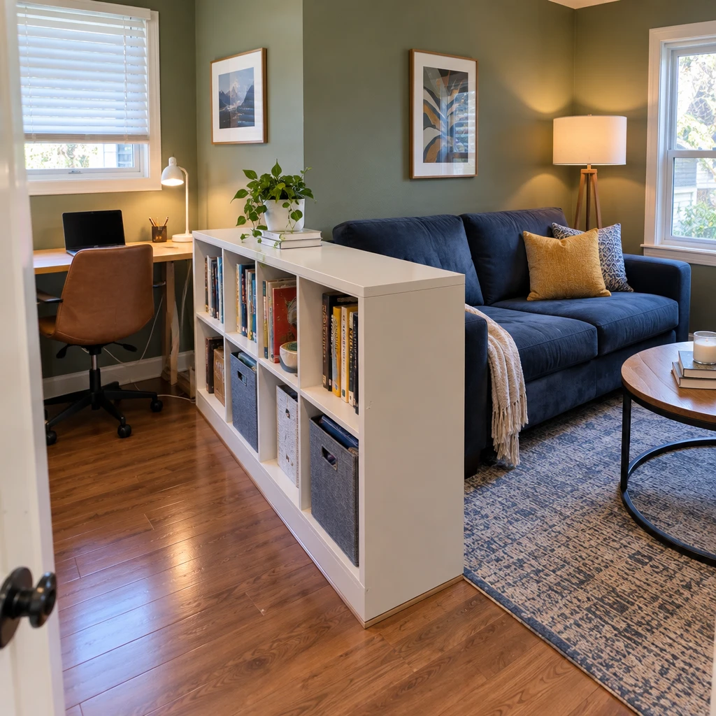 12- Use a Narrow Bookcase as a Soft Divider - 20 Small L-Shaped Living Room Ideas That Make Both Sides of the Room Work Together