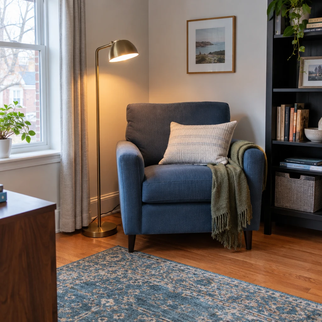 13- Brighten the Quieter Side With a Floor Lamp - 20 Small L-Shaped Living Room Ideas That Make Both Sides of the Room Work Together