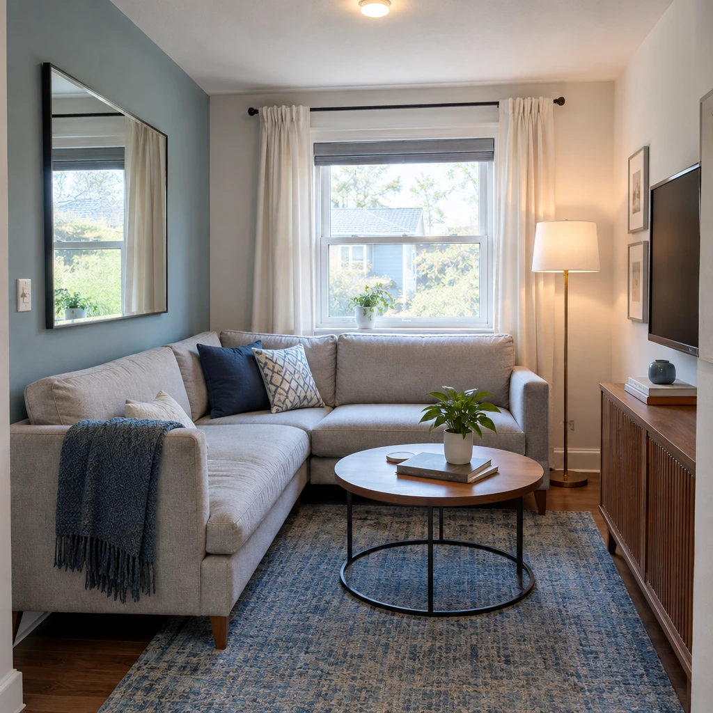 15- Use a Mirror to Share the Window Light - 20 Small L-Shaped Living Room Ideas That Make Both Sides of the Room Work Together