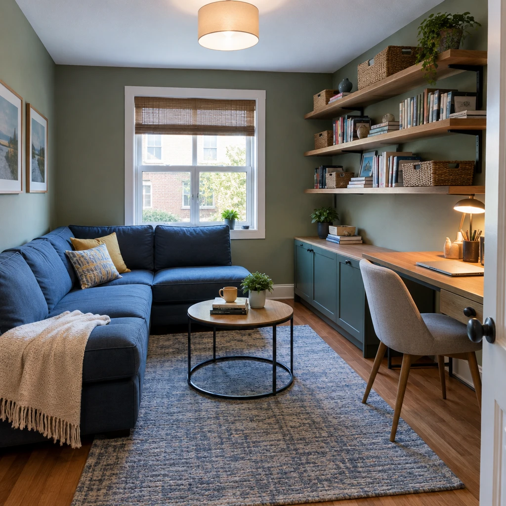 19- Take Storage Up the Wall - 20 Small L-Shaped Living Room Ideas That Make Both Sides of the Room Work Together