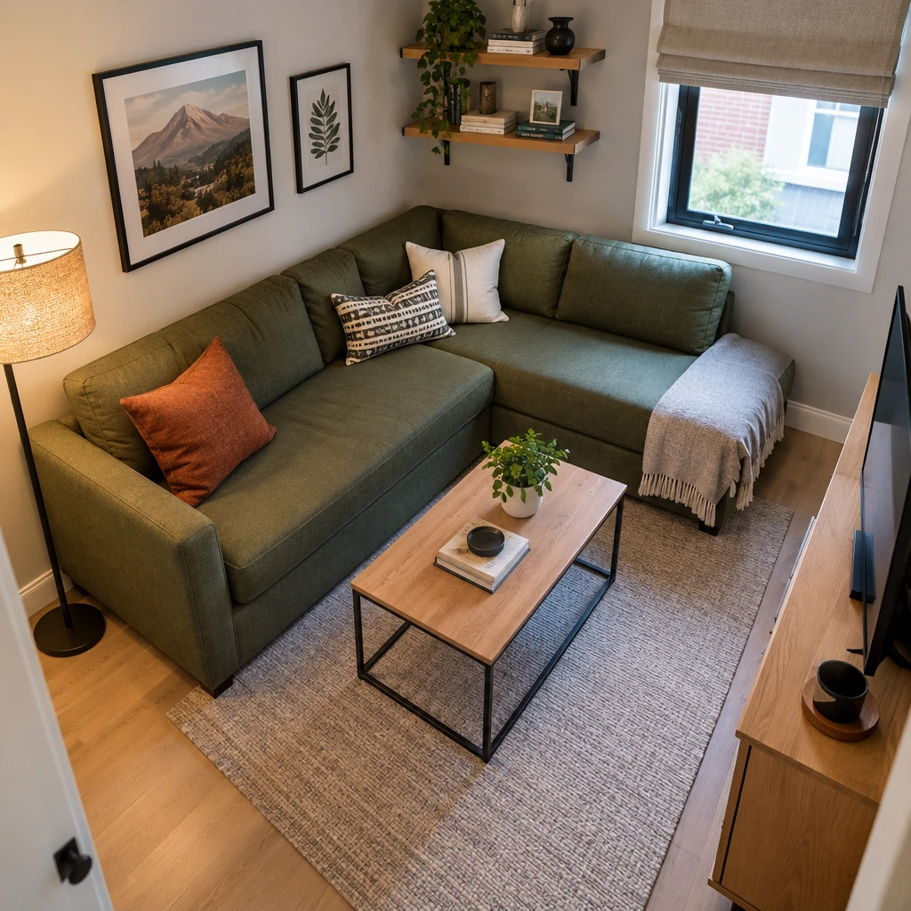 20- Repeat One Finish on Both Sides - 20 Small L-Shaped Living Room Ideas That Make Both Sides of the Room Work Together