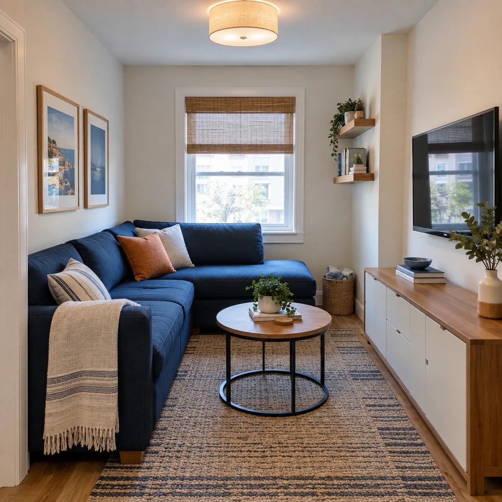 3- Repeat a Simple Color Palette - 20 Small L-Shaped Living Room Ideas That Make Both Sides of the Room Work Together