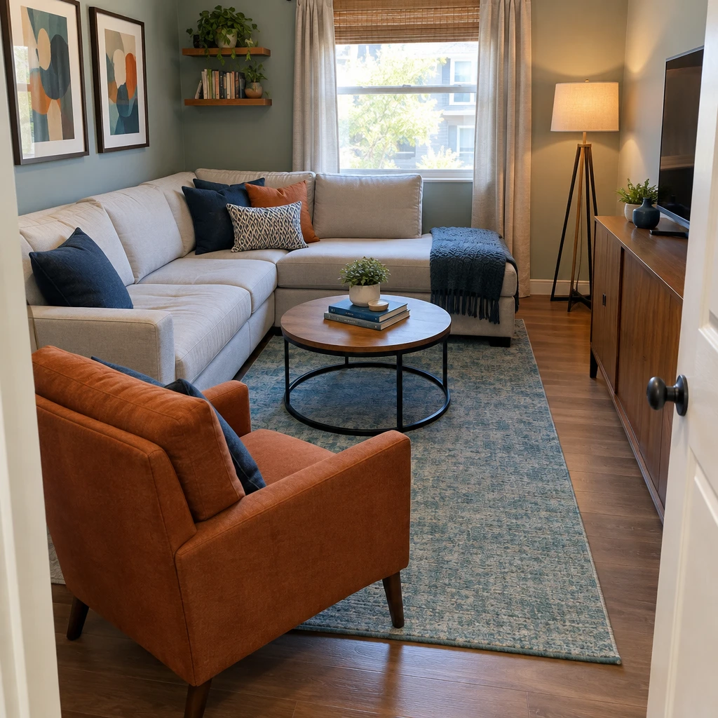 4- Anchor the Seating With a Rug - 20 Small L-Shaped Living Room Ideas That Make Both Sides of the Room Work Together