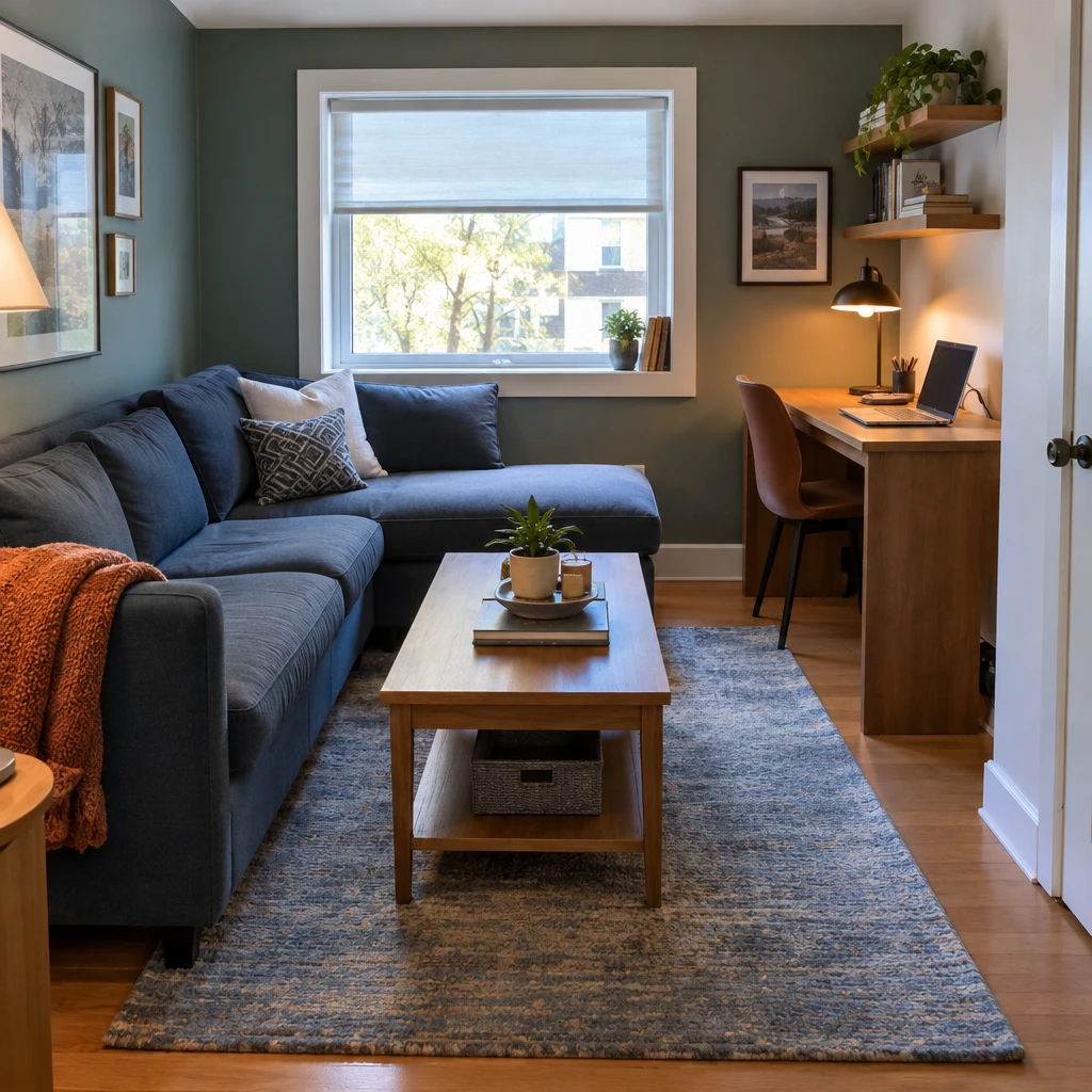 9- Make a Small Desk Feel Connected - 20 Small L-Shaped Living Room Ideas That Make Both Sides of the Room Work Together