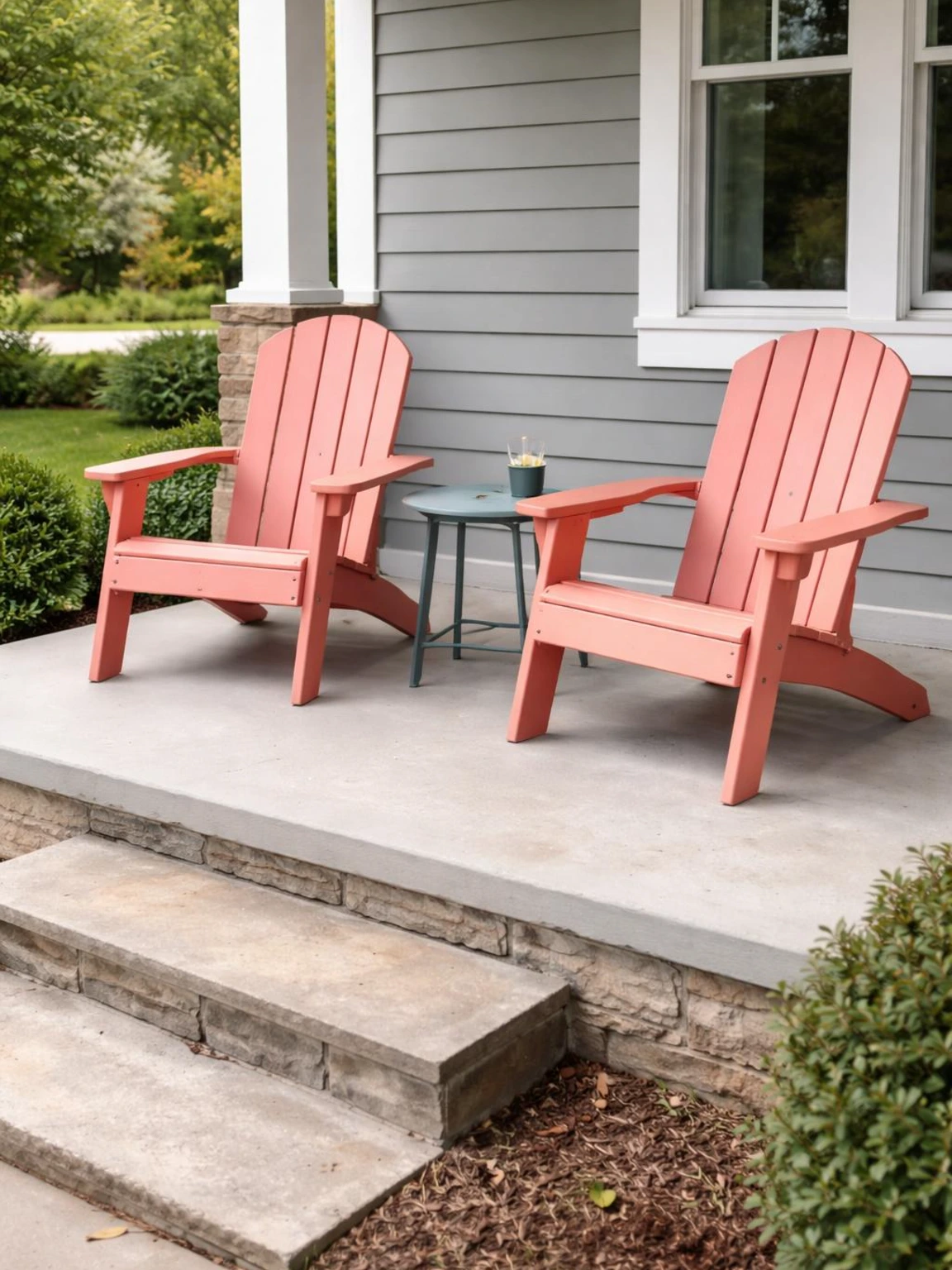 Soft coral Adirondack chairs with a blue side table on an open front porch show durable front porch furniture for uncovered weather-ready seating.
