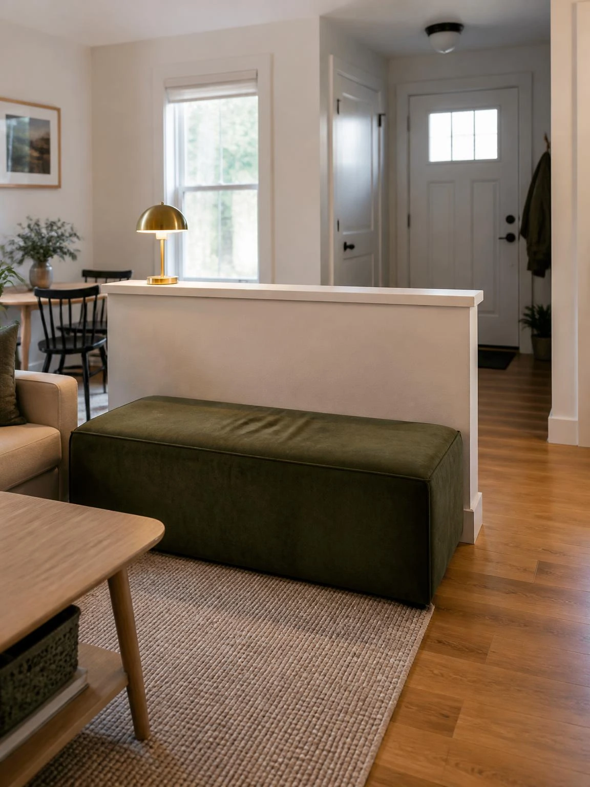 Forest-green backless sofa behind a low divider keeps this small living room connected to the entry path