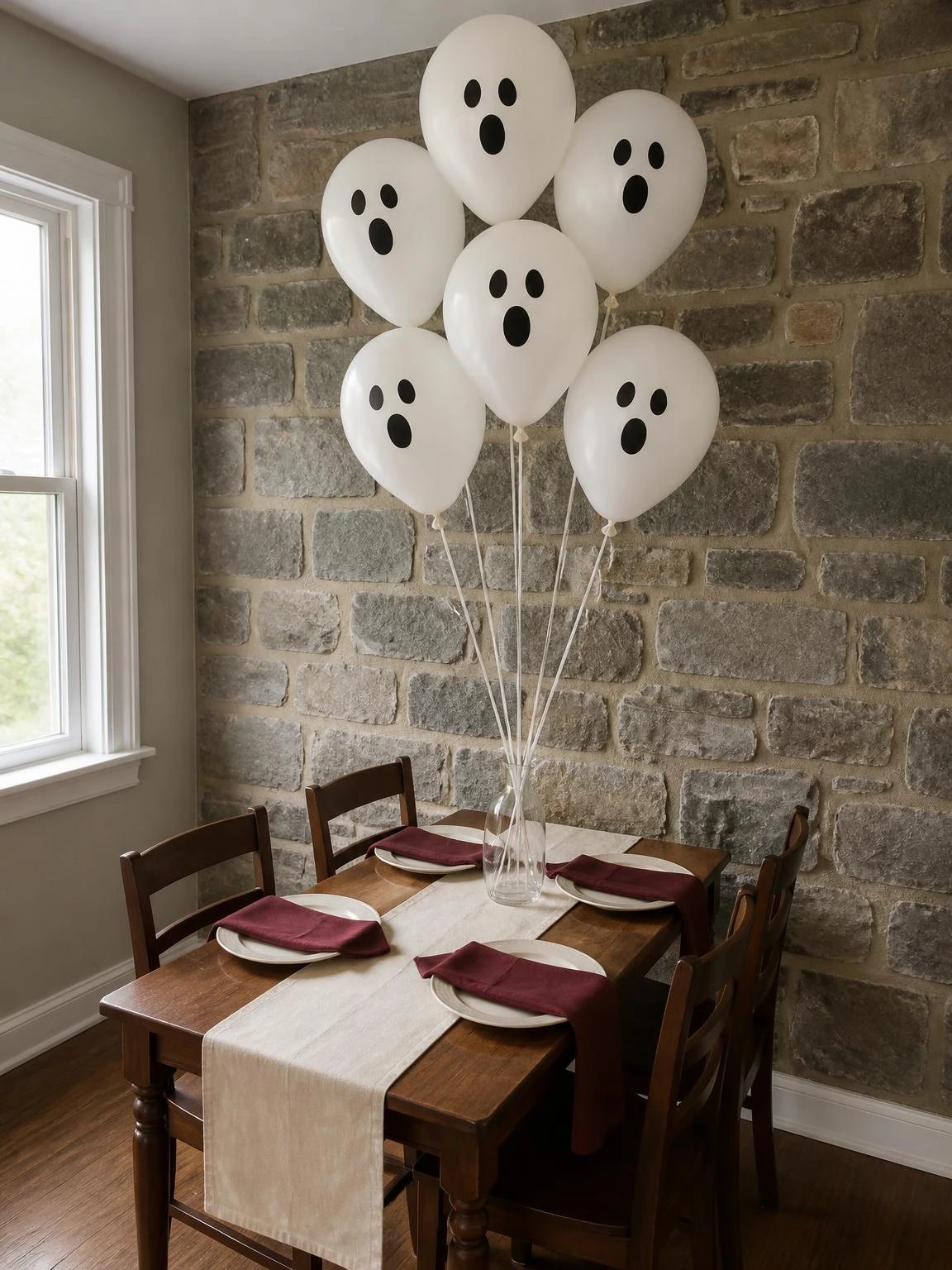 Balloon ghost cluster over a narrow table shows a cheap DIY Halloween decoration with white balloons, black faces, and burgundy napkins.