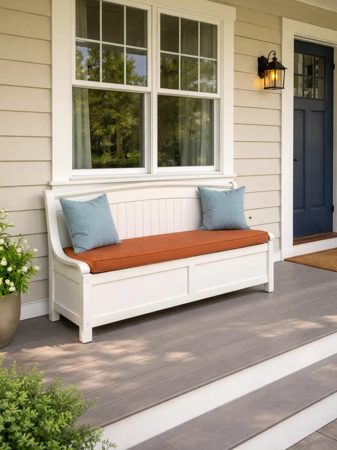 Front porch furniture idea with a painted storage bench under the front window, rust cushion and blue pillows keeping the door path open.