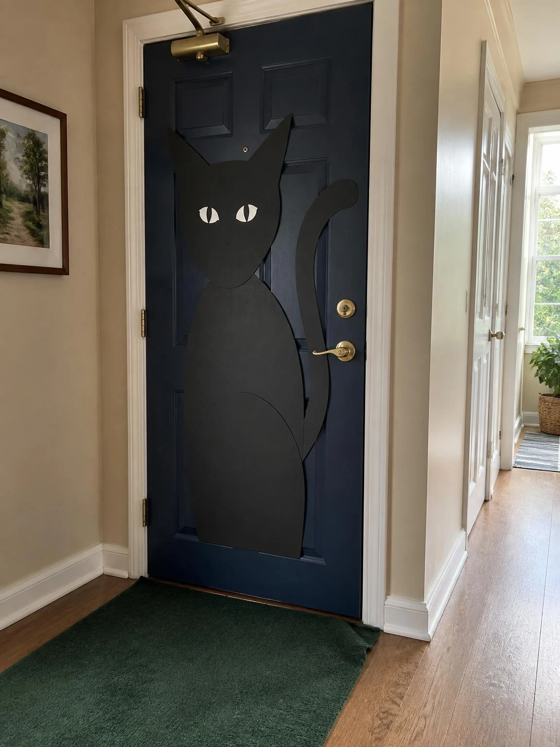 Black cat door decor made from cardstock on a navy door, showing a cheap DIY Halloween decoration with usable hardware visible