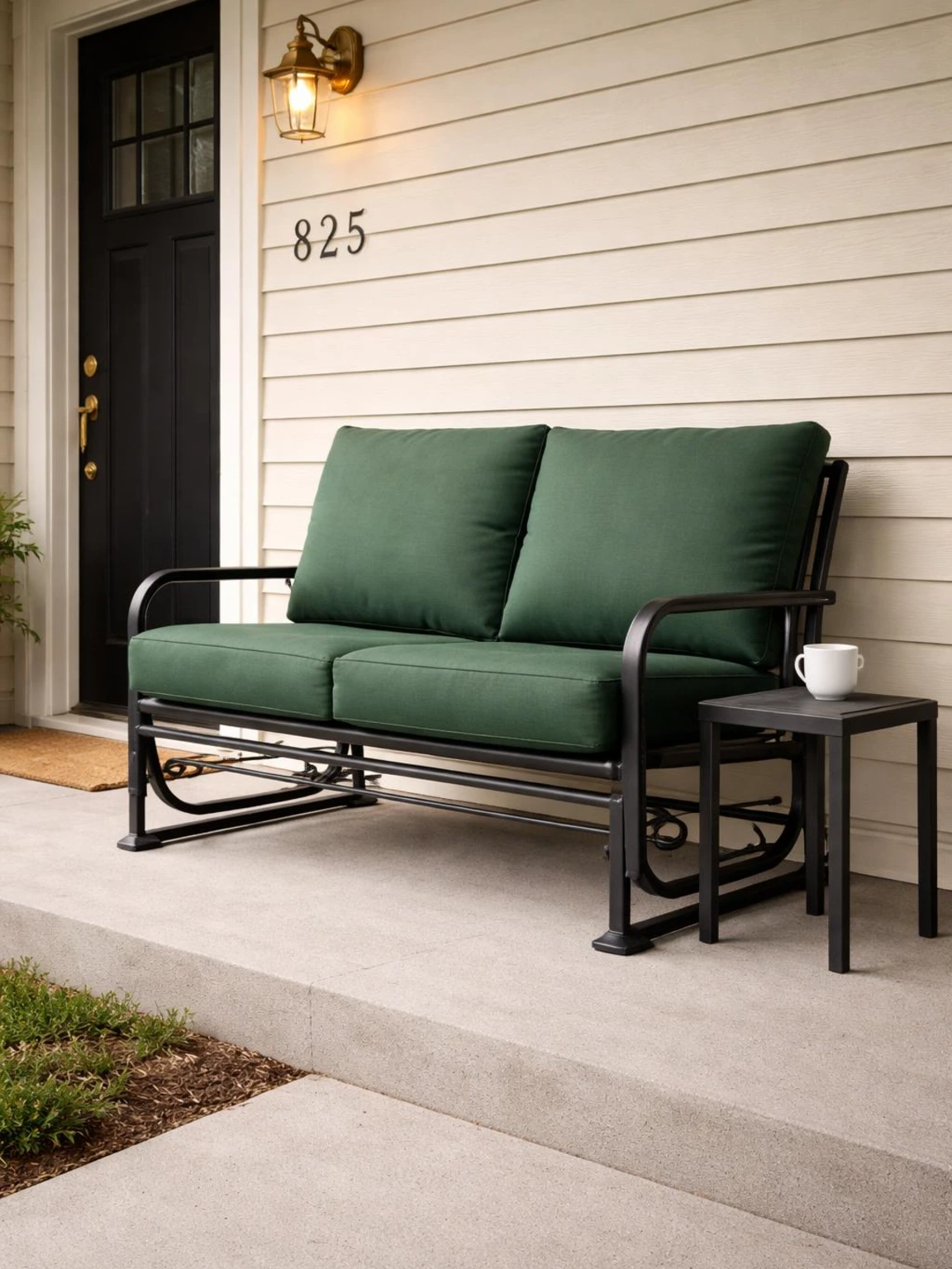 Black metal glider seating with forest green cushions anchors a modest front porch beside a small side table in soft morning light.