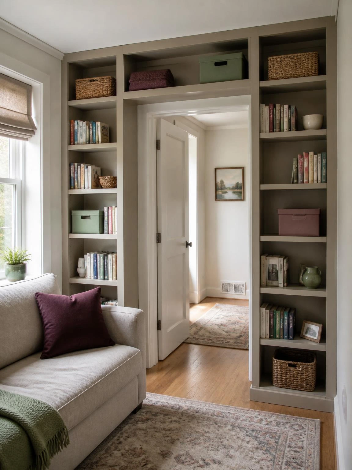 Compact living room with a stone-colored built-in bookcase framing a clear doorway, showing vertical storage without blocking the walking path