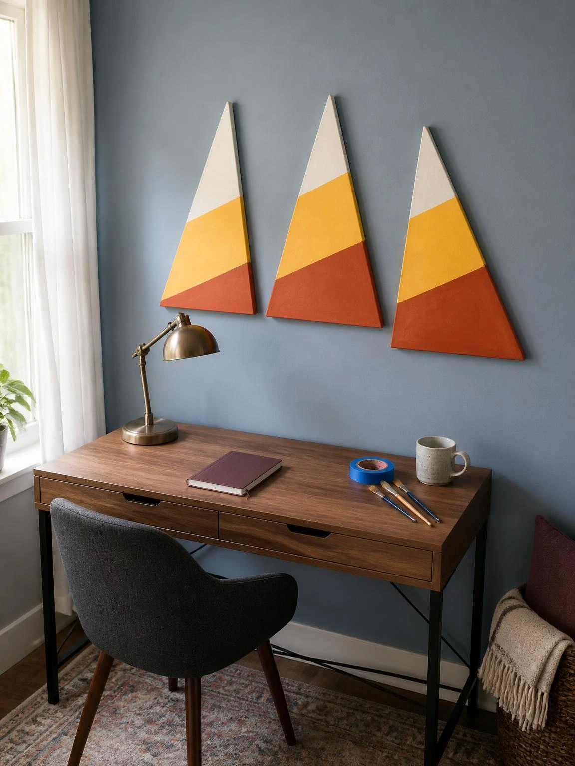 Candy corn wall art triptych in warm white, yellow, and rust hangs above a small desk, showcasing a cheap DIY Halloween decoration indoor idea.