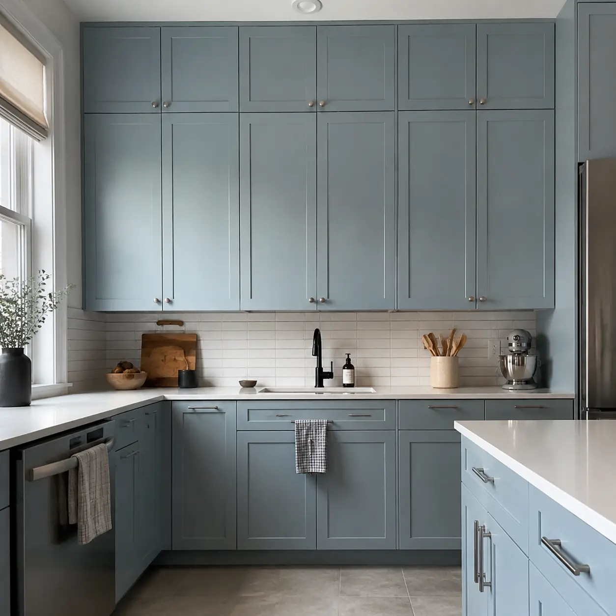 Blue-gray kitchen cabinets extending to the ceiling in a compact kitchen