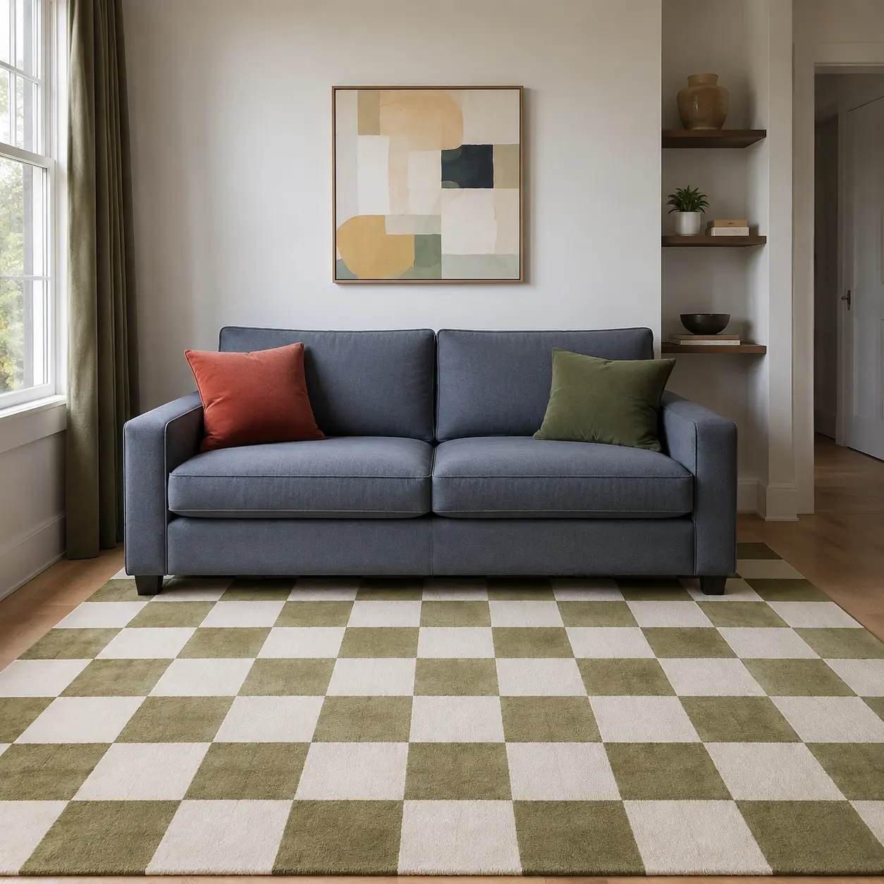 Olive and cream checkerboard rug paired with a simple blue sofa