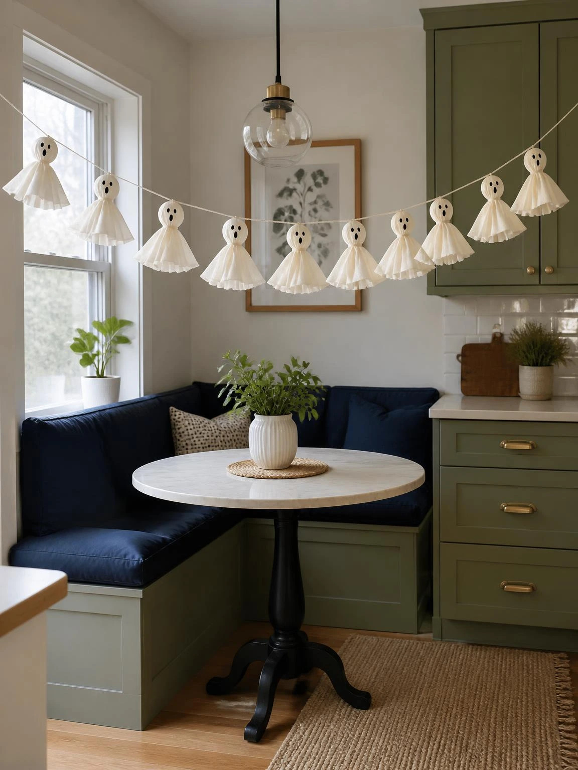 Ivory coffee filter ghosts form a handmade garland across a navy breakfast nook, inspiring cheap DIY Halloween decorations indoor.