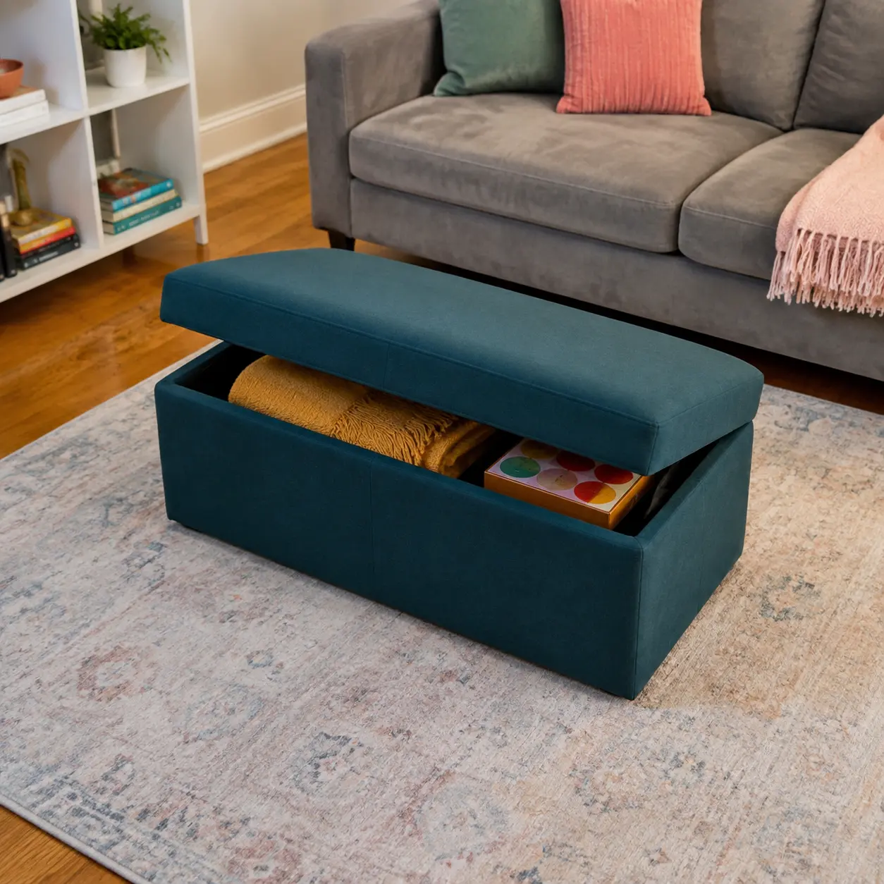 Deep teal storage ottoman opened in front of a living room sofa