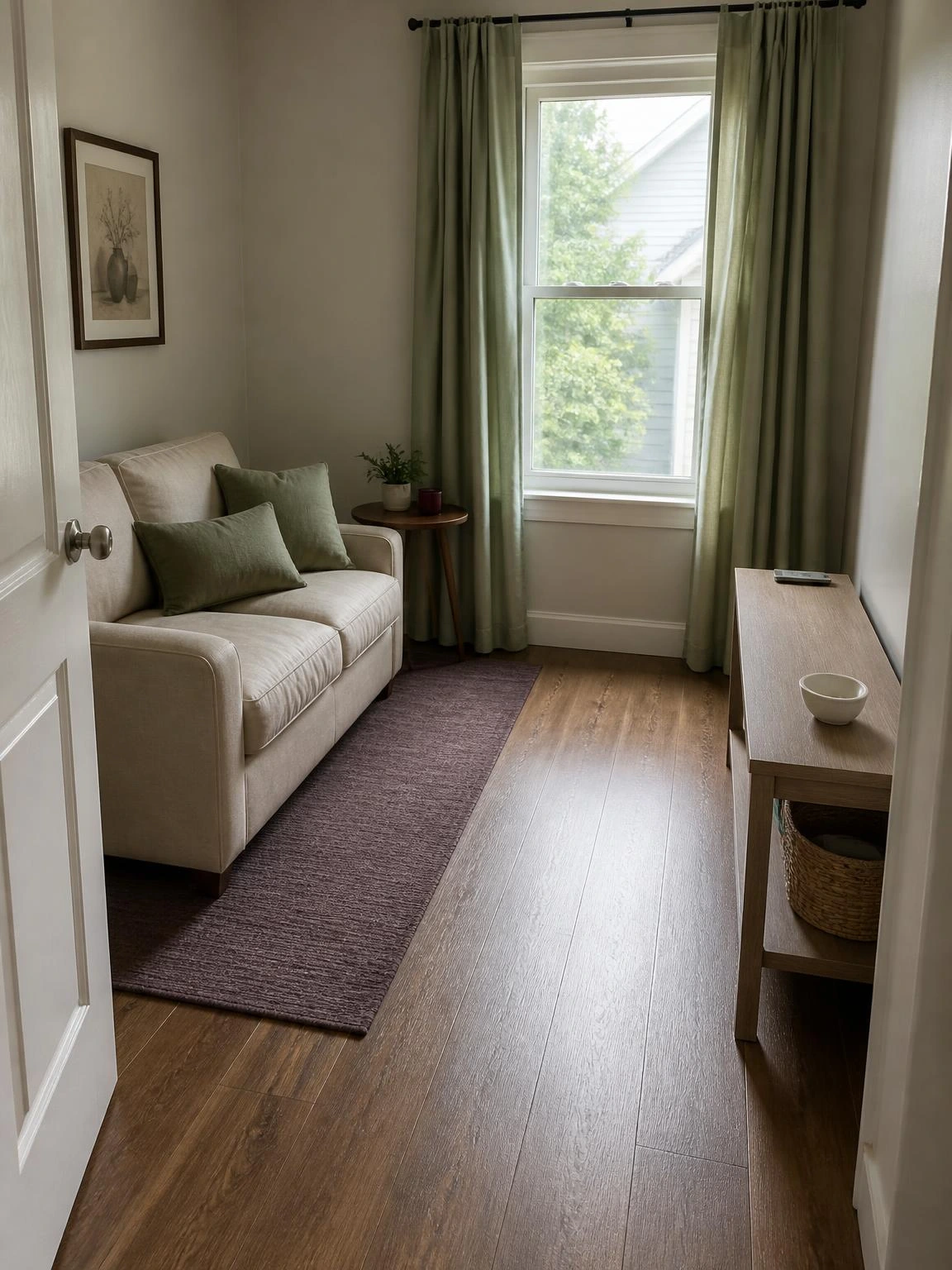 Small space living room with a stone loveseat and narrow table leaving a clear walkway from doorway to window