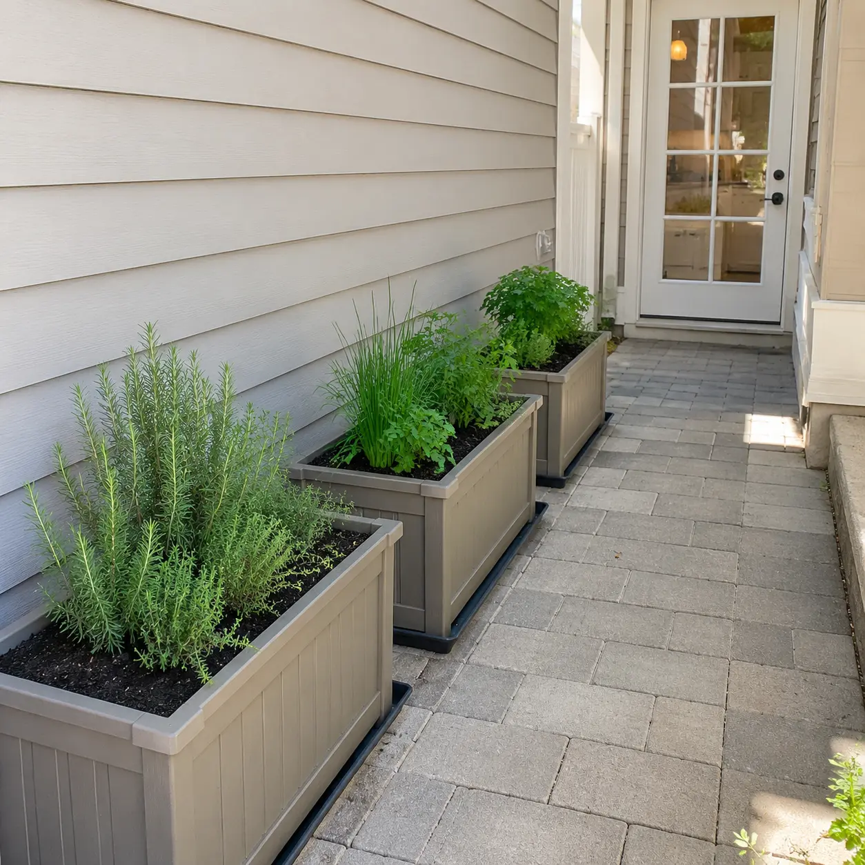Compact herb planters beside a kitchen door in a sunny side yard