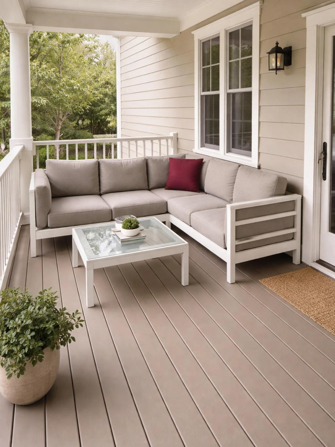 Compact L-shaped front porch furniture tucks into a wraparound corner, keeping the path to the front door open with a square glass table.