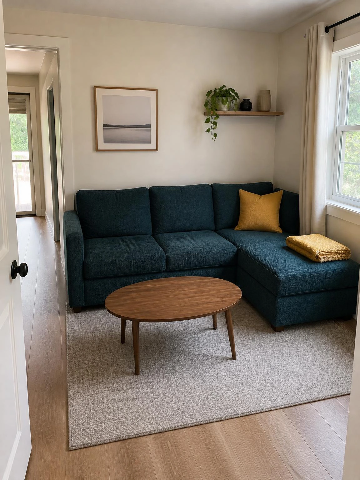 Compact L-shaped sectional in a small living room corner, keeping the entry route open while demonstrating efficient small space living room layout