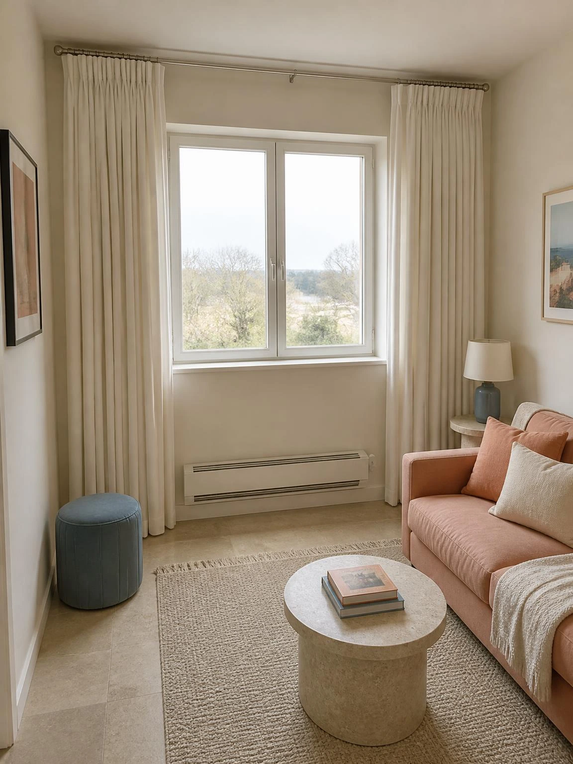 High-and-wide warm white cotton-linen curtains make this small living room window feel broader and preserve circulation.