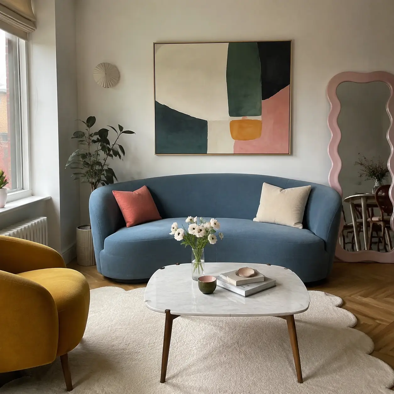 Curved dusty blue sofa styled with coral and warm ivory cushions