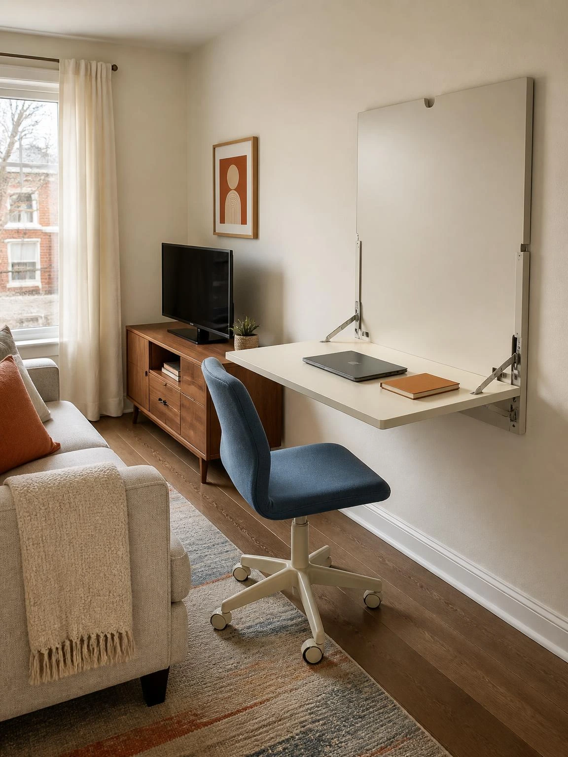 Wall-mounted drop-leaf desk beside a compact media cabinet creates a flexible work zone in this small living room.