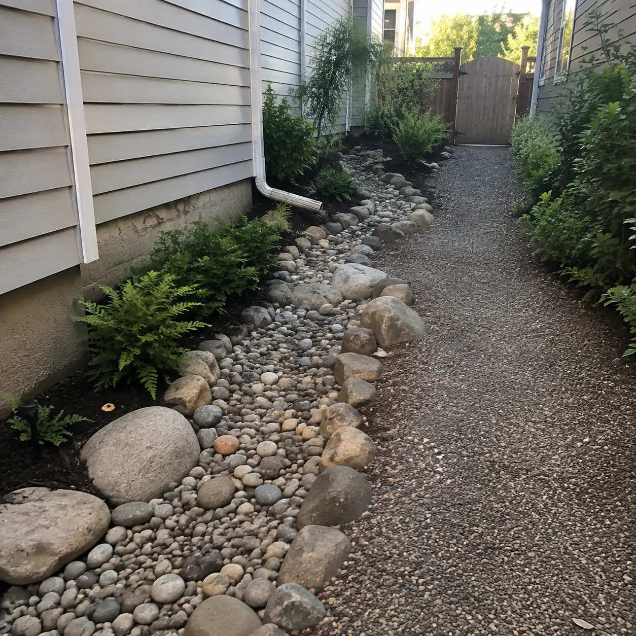 Dry creek bed directing drainage through a landscaped side yard