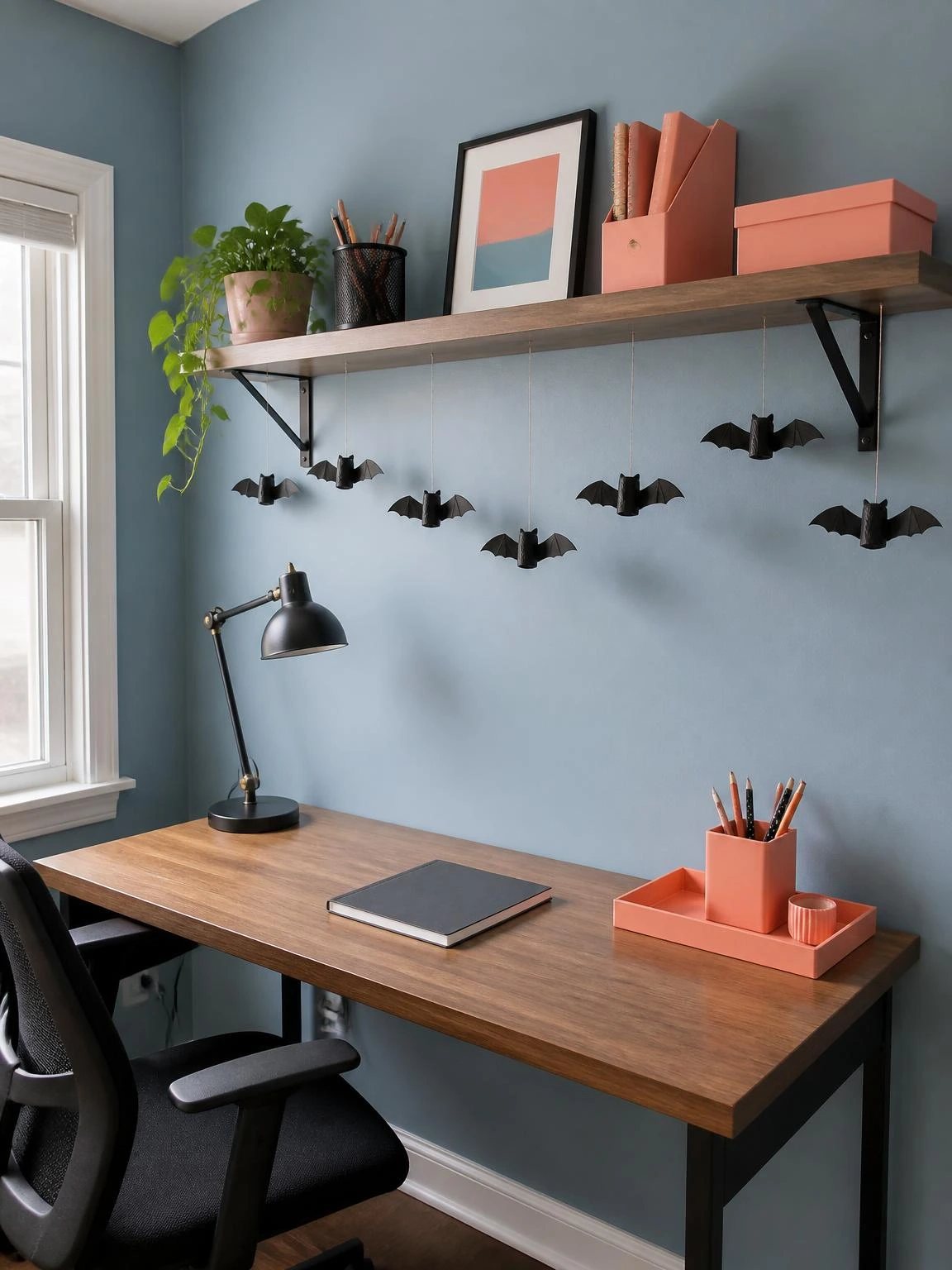 Black egg carton bats hang beneath a shelf in a compact blue home office, showing a cheap DIY Halloween decoration idea.