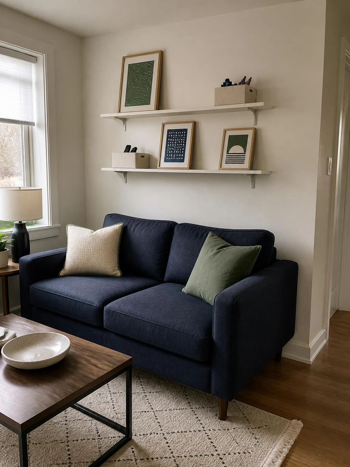Two shallow floating shelves above a small navy sofa organize framed prints and ivory boxes in a compact living room